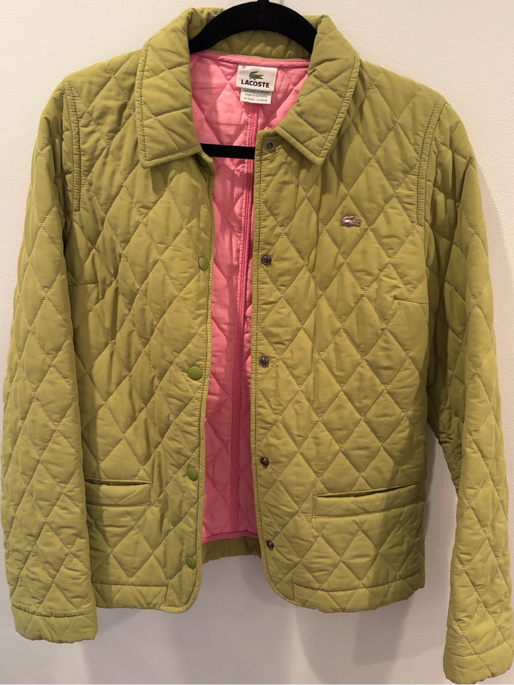 Lacoste Women’s Quilted Jacket in Olive Green with Pink Lining
